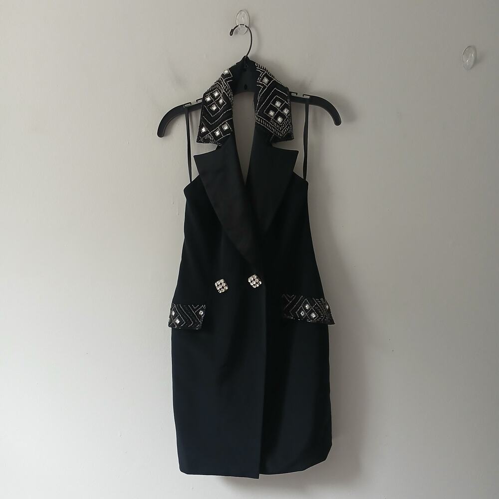 Niteline Women's Size 4 Black Embellished Midi‎ Tuxedo Dress Vintage 90's